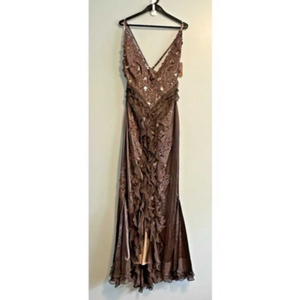 Mandalay Gown 8 Maxi Mermaid V-Neck Ruffle Satin Brown NWT Fairy Whimsical NWT
